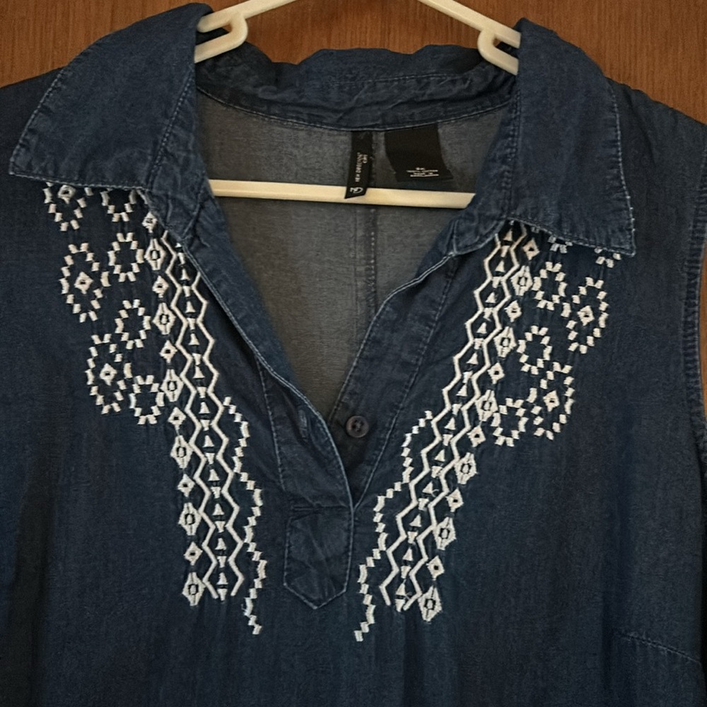 Denim shift dress with embroidery